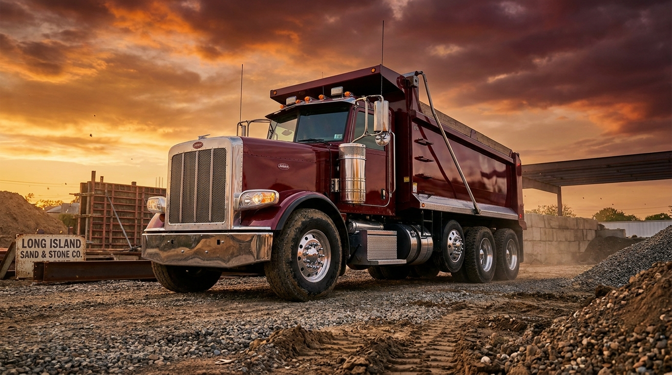 Burgundy heavy-duty dump truck at golden hour on a construction site