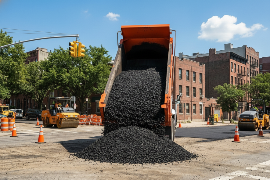 Dump truck unloading a pile of hot mix asphalt on a city street
