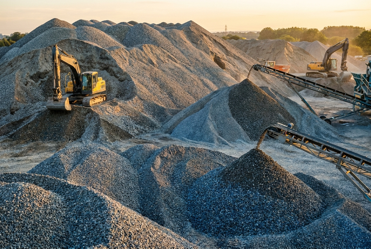 Large stockpile of construction gravel and crushed stone